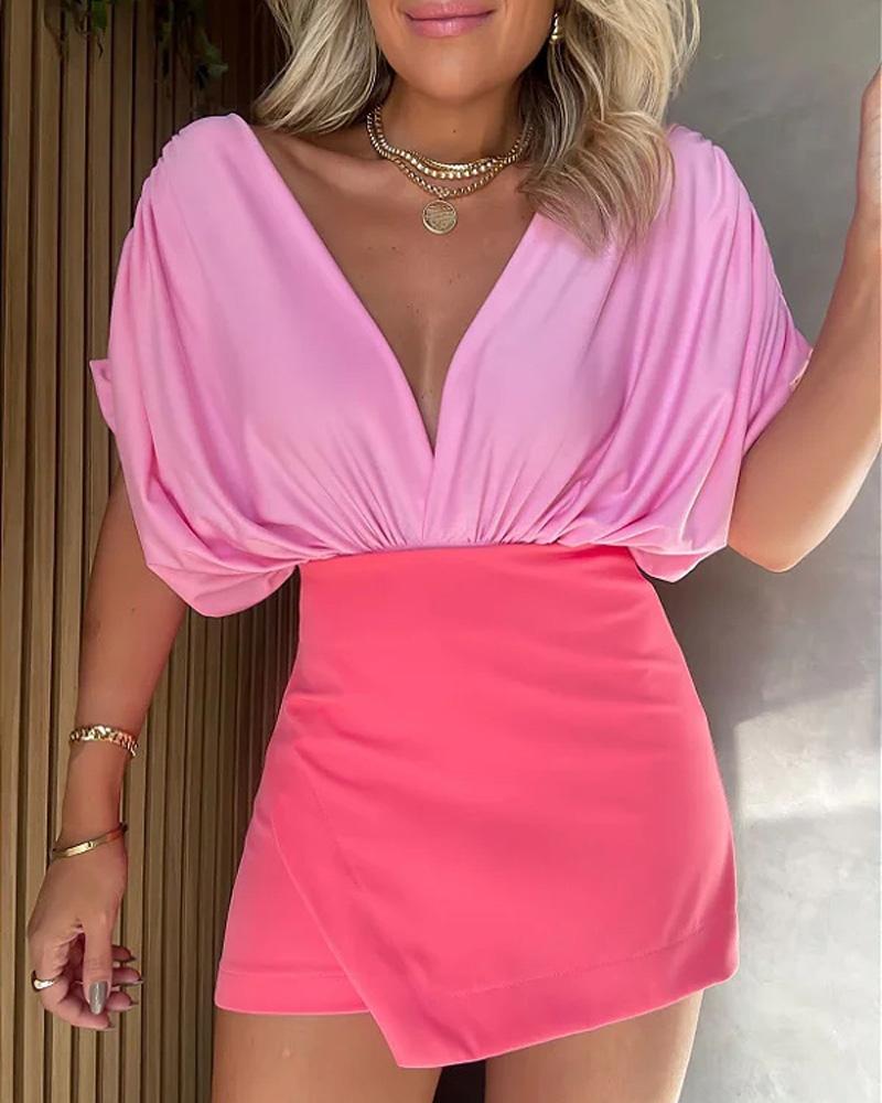 

Ruched Batwing Sleeve Deep V-Neck Bodysuit & Skorts Set, Pink