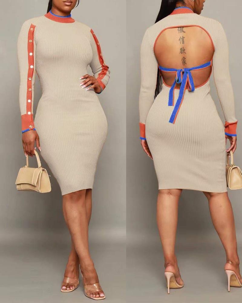 

Contrast Paneled Backless Ribbed Midi Dress, Apricot