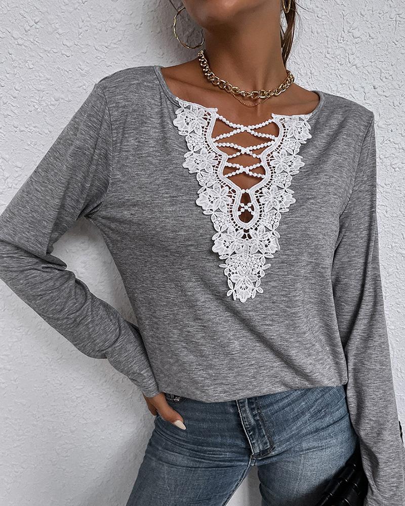 

Long Sleeve Guipure Lace Casual Top, Gray