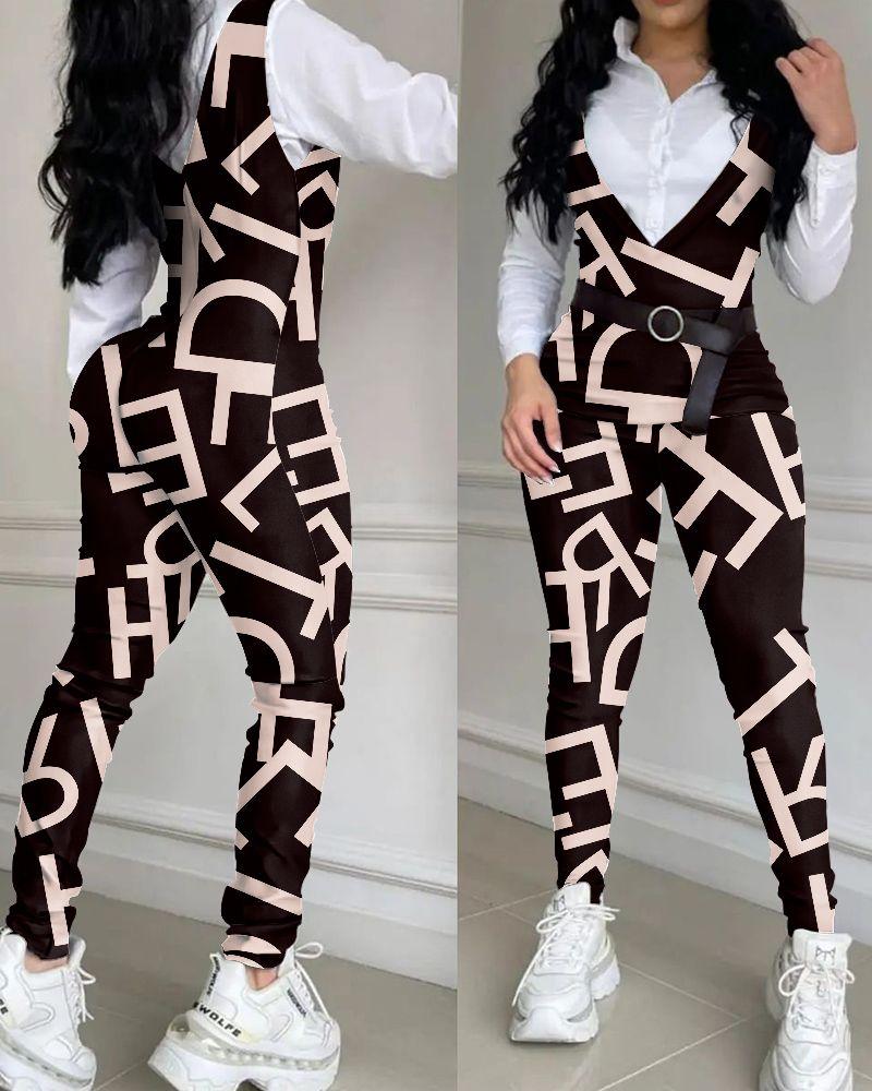 

Letter Print Sleeveless Suspender Jumpsuit Without Belt, Black