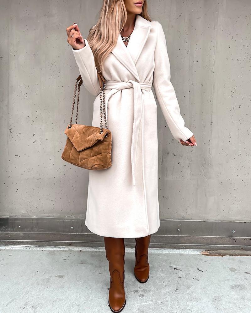 

Notched Collar Slit Overcoat With Belt, Beige