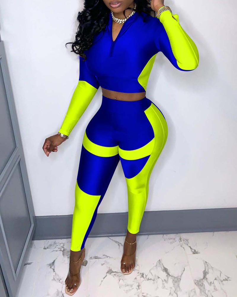 

Colorblock Zipper Design Top & High Waist Pants Set, Blue