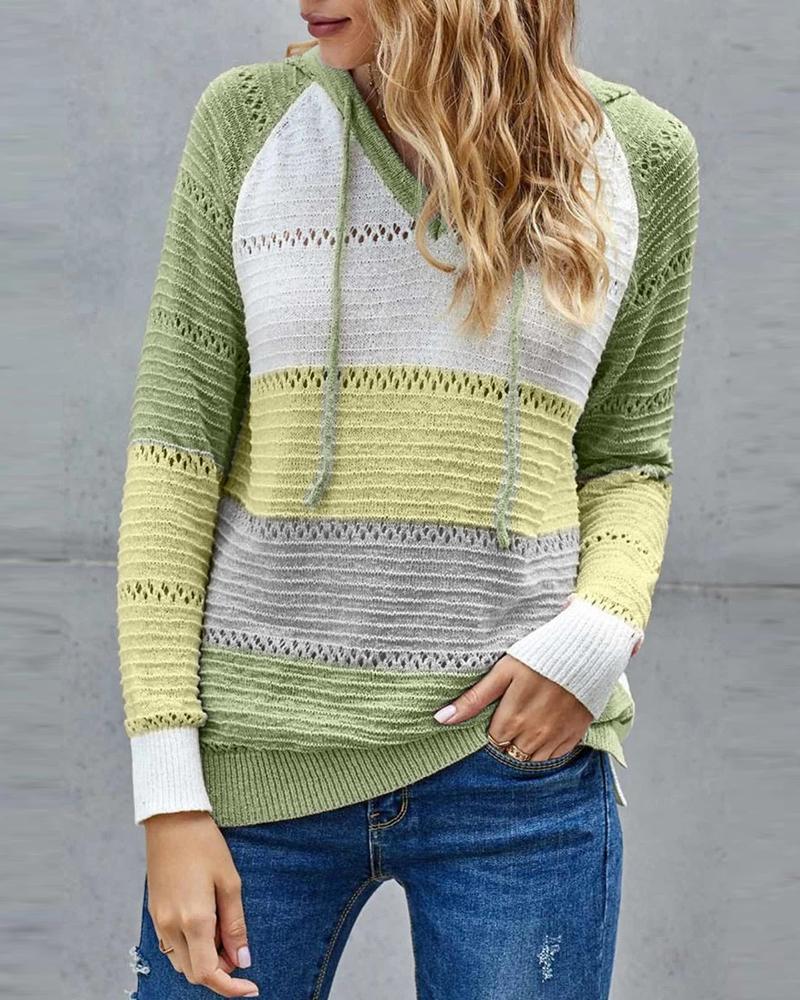 

Knit Colorblock Hollow Out Hooded Sweater, Green