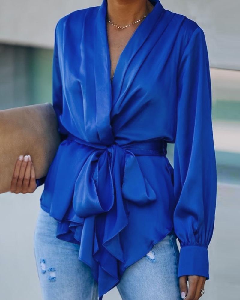 

Long Sleeve Asymmetrical Tied Detail Top, Blue