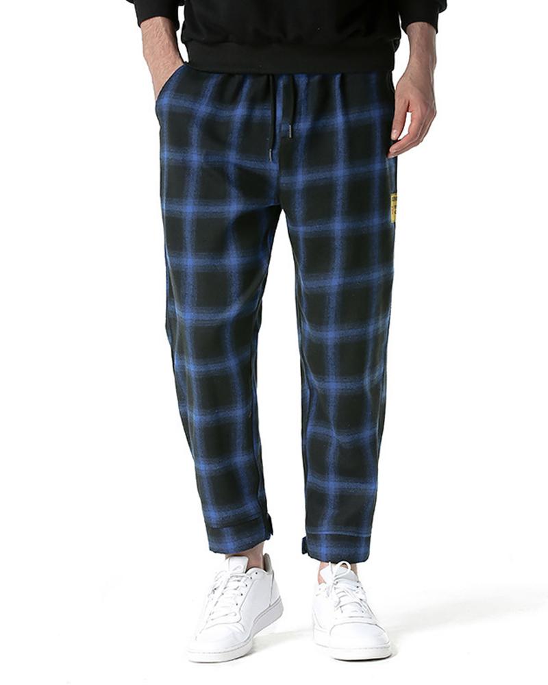 

Plaid Splicing Label Print Straight Pants, Blue