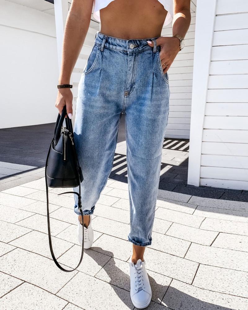 

High Waist Pocket Design Casual Jeans, Blue