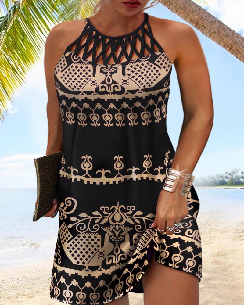 

Plus Size Baroque Print Hollow Out Casual Dress, Black