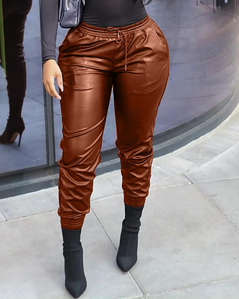 

Plain PU Leather Long Skinny Pants, Brown