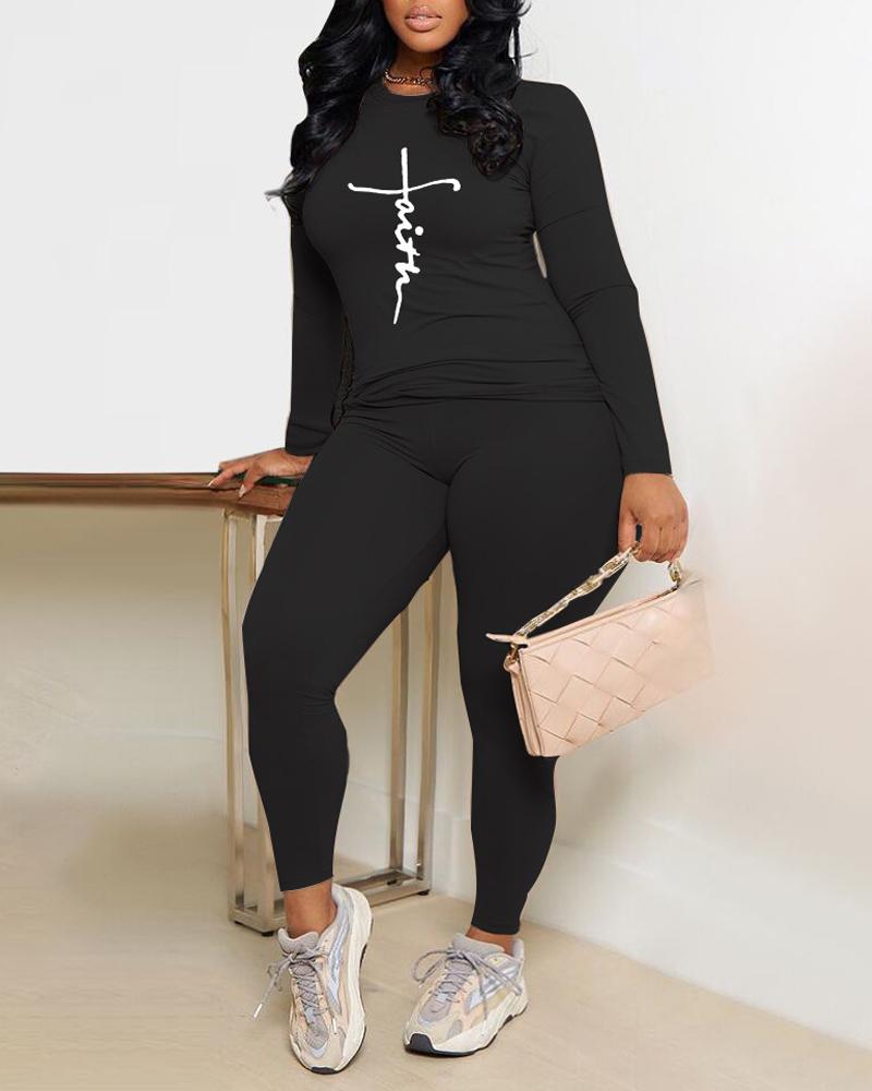 

Letter Print Long Sleeve Top & Pants Set, Black