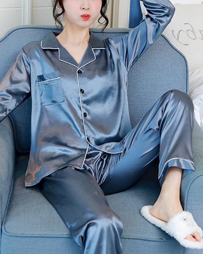 

Satin Contrast Binding Buttoned Long Sleeve Pajama Set, Sky blue