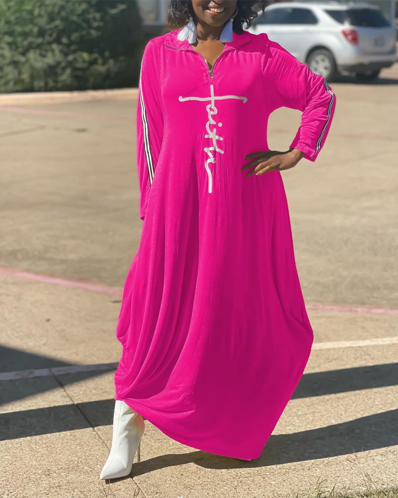 

Letter Print Tape Patch Zip Front Casual Dress, Hot pink