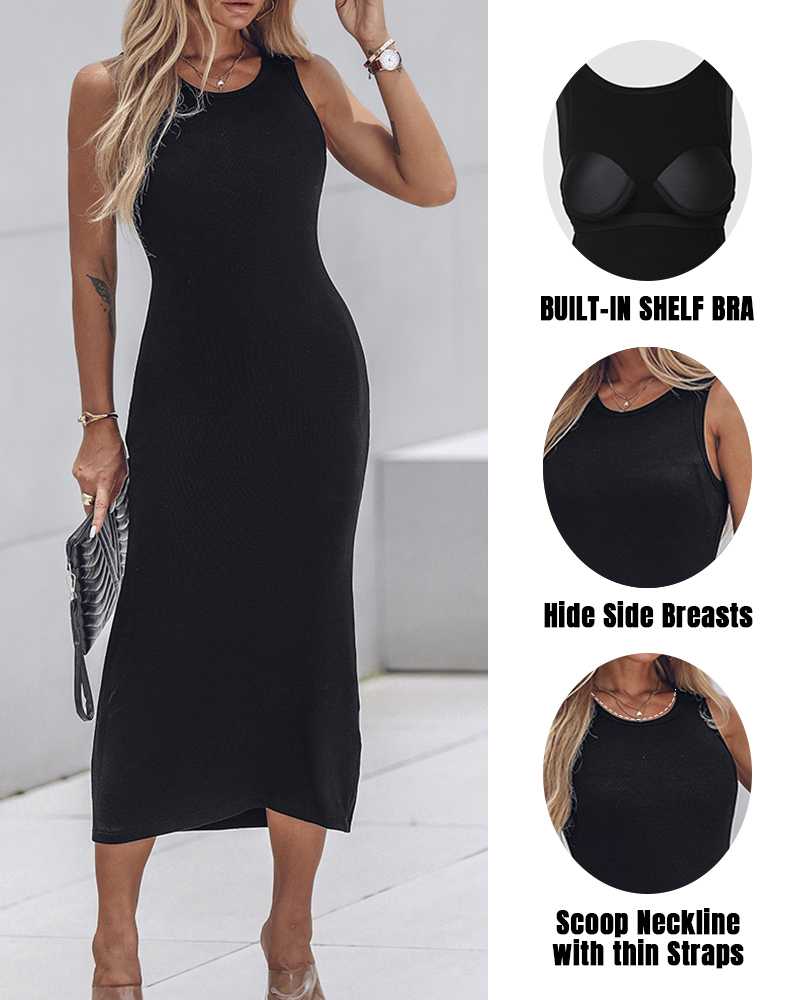 

Vestido ajustado sin mangas con cuello redondo, ajustado, informal, acanalado, hasta la mitad de la pantorrilla, con sujetador incorporado y moldeador ShapeSculpt de ChicMe, Black