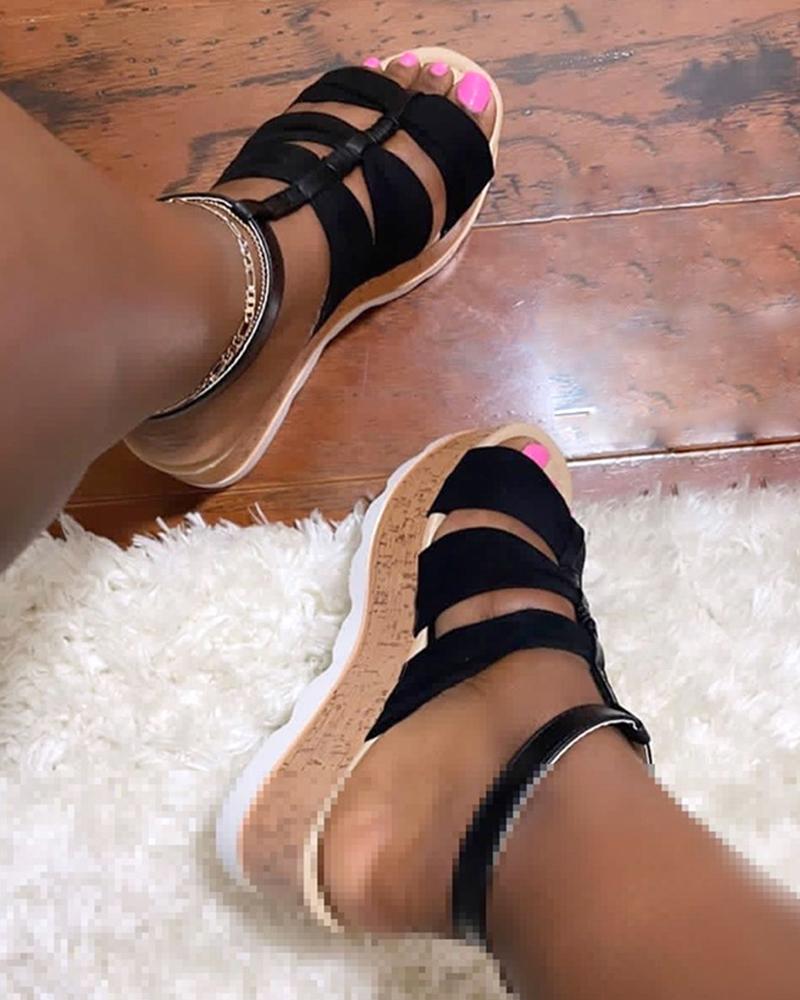 

Round-toe Color Block Hollow-out Platform Sandals, Black