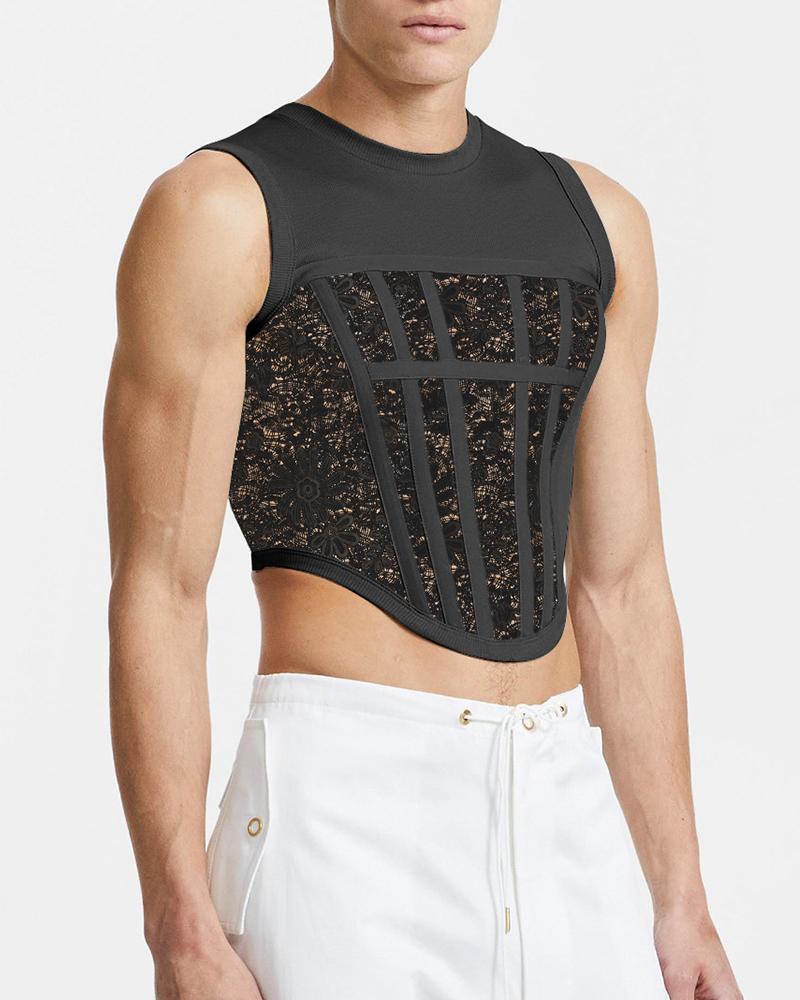 

Solid Color Splicing Mesh Sleeveless Tank Top, Black