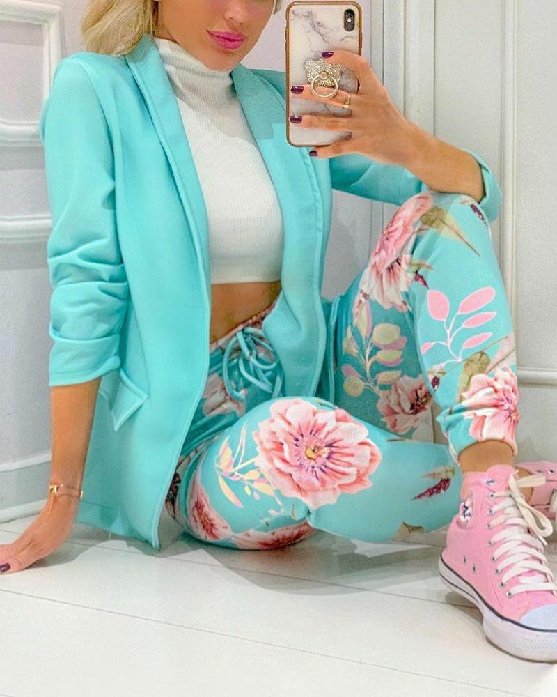 

Two Piece Sets Shawl Collar Flap Detail Blazer & Floral Print Drawstring Pants Set Elegant Suit Set, Turquoise blue