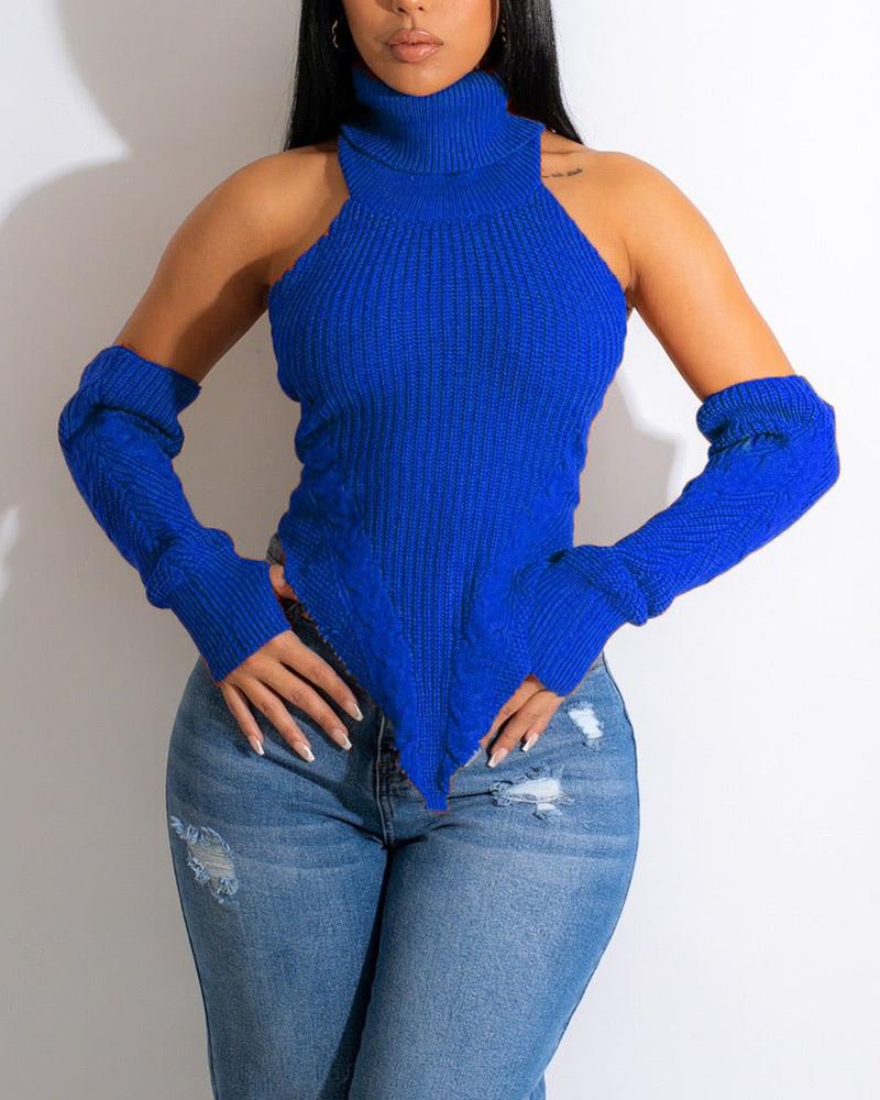 

Halter Backless Asymmetrical Cable Knit Sweater With Gloves, Blue