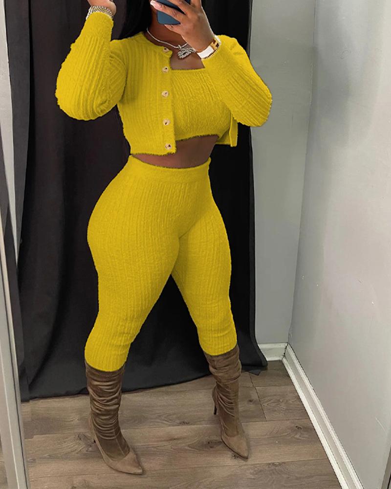

3PCS Bandeau Crop Top & Pants Set With Cardigan, Yellow