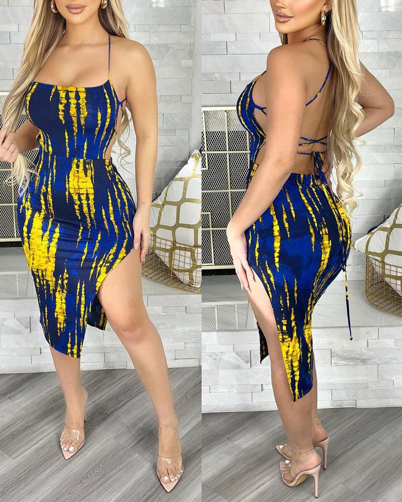 

Allover Print Criss Cross Backless Split Thigh Bodycon Dress, Purplish blue