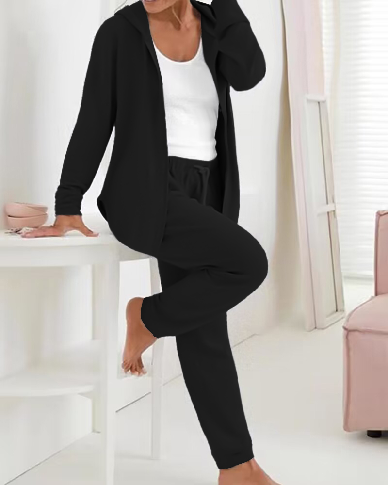 

Plus Size Zipper Design Coat & Drawstring Pants Set, Black