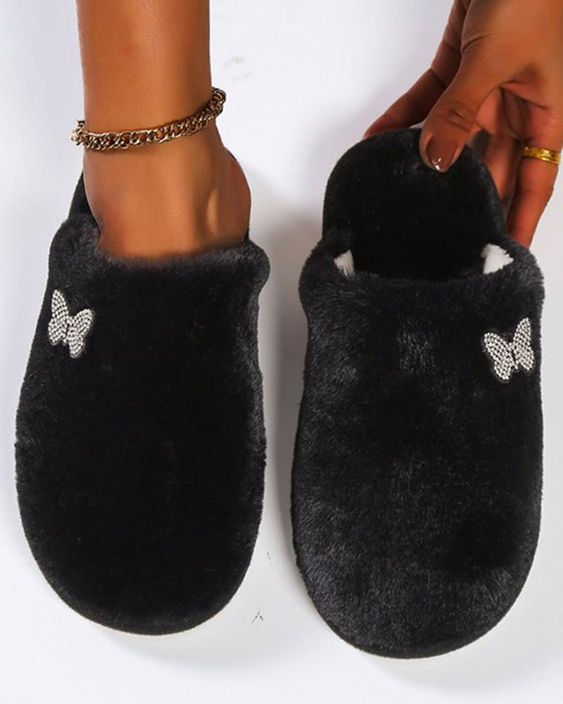 

Round Toe Butterfly Pattern Fuzzy Slippers, Black