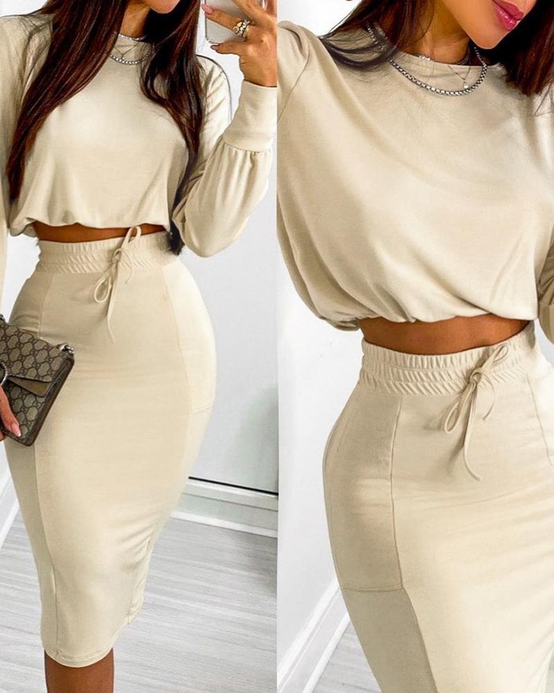 

Long Sleeve Top & Drawstring Shirred Skirt Set, Apricot