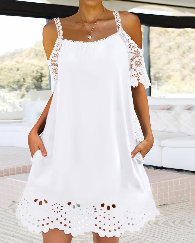 

Contrast Lace Cold Shoulder Casual Dress, White