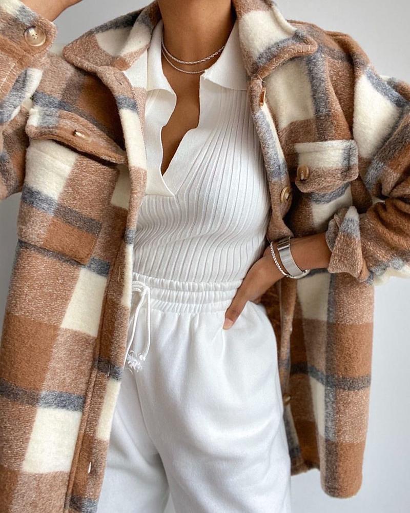 

Plaid Print Long Sleeve Button Front Shacket, Khaki