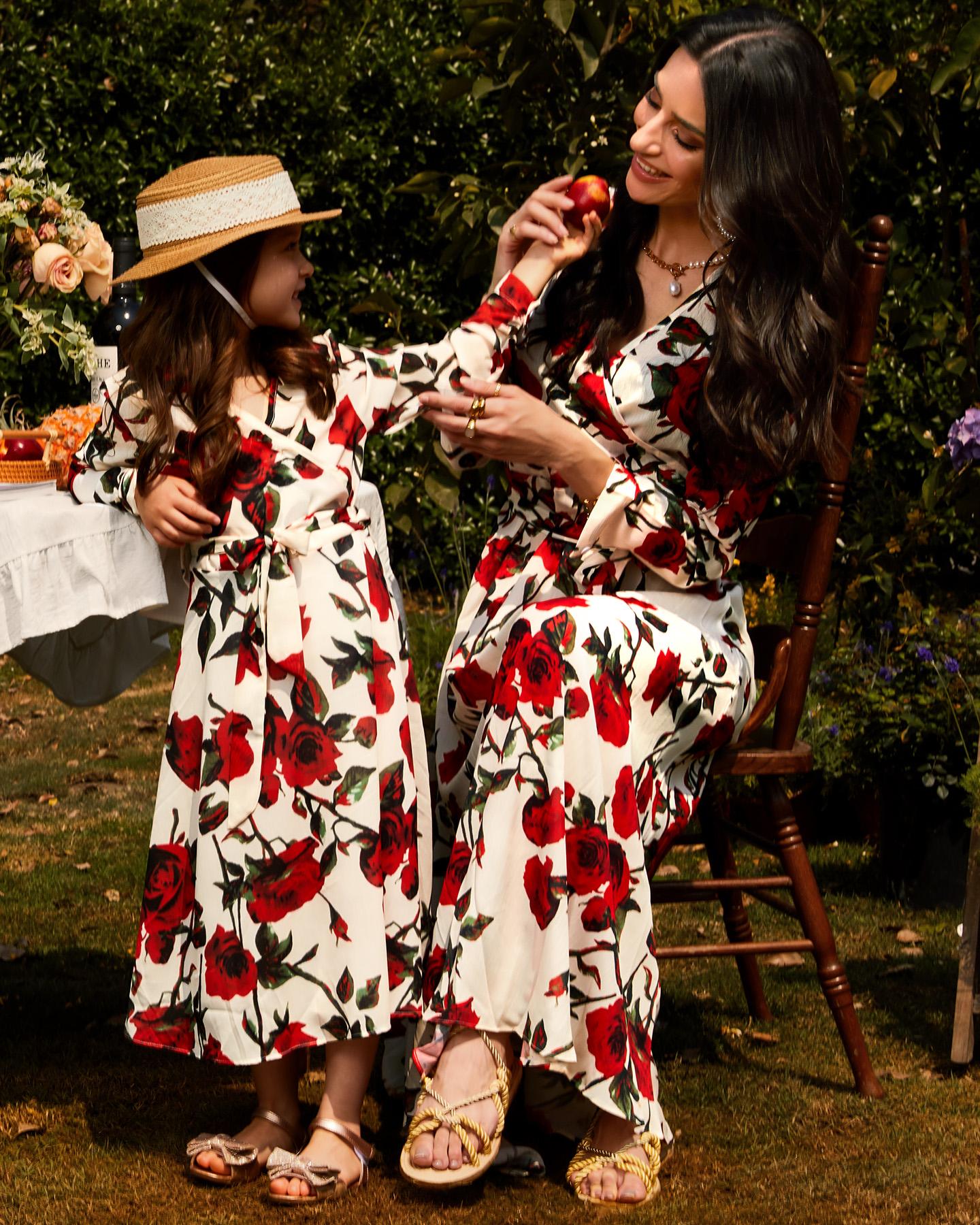

Mommy & me V-Neck Long Sleeve Floral Print Dress(S1 For Kids,S2 For Mom), Style2