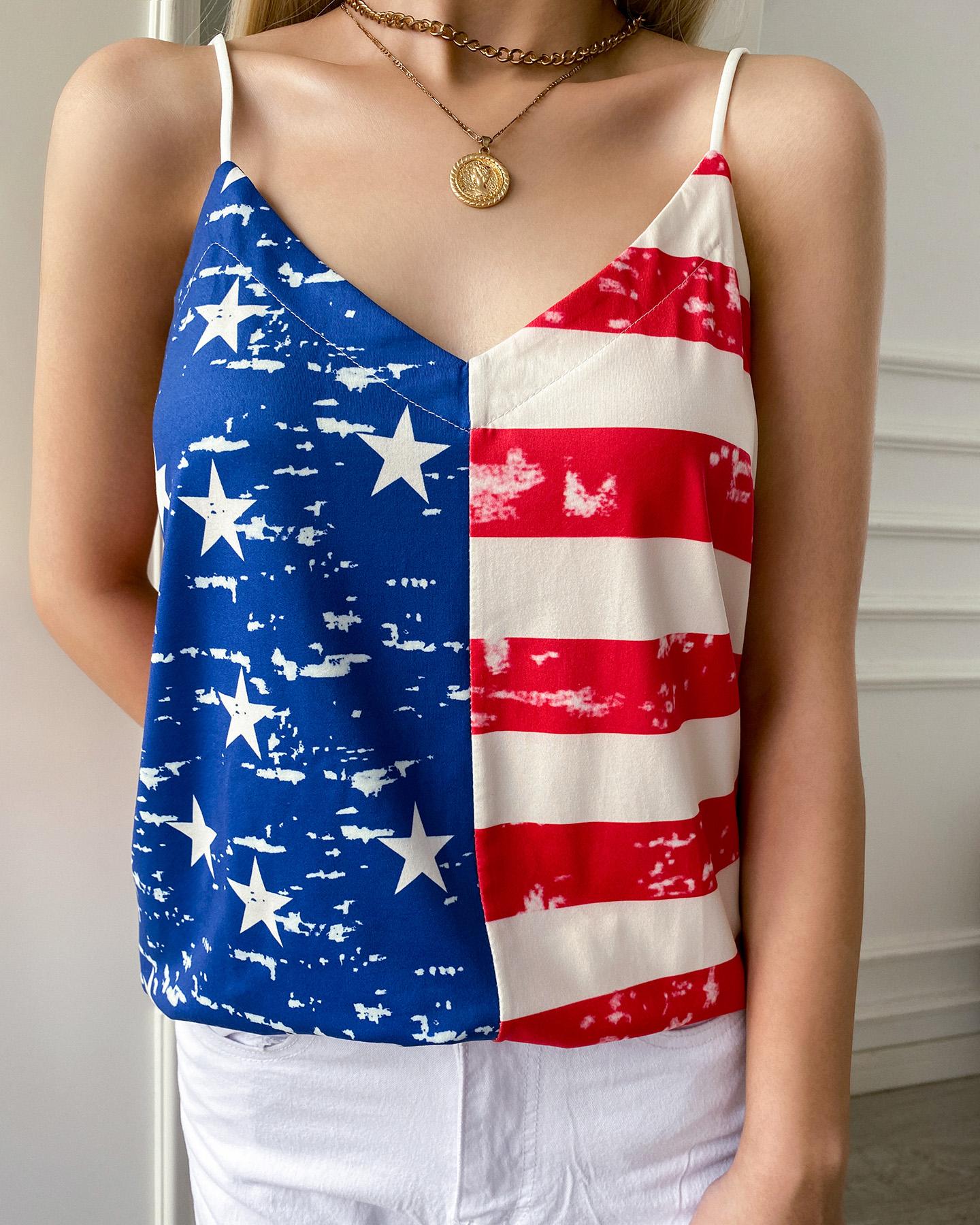 

Independence Day Flag Pattern Print Spaghetti Strap Top, Multicolor
