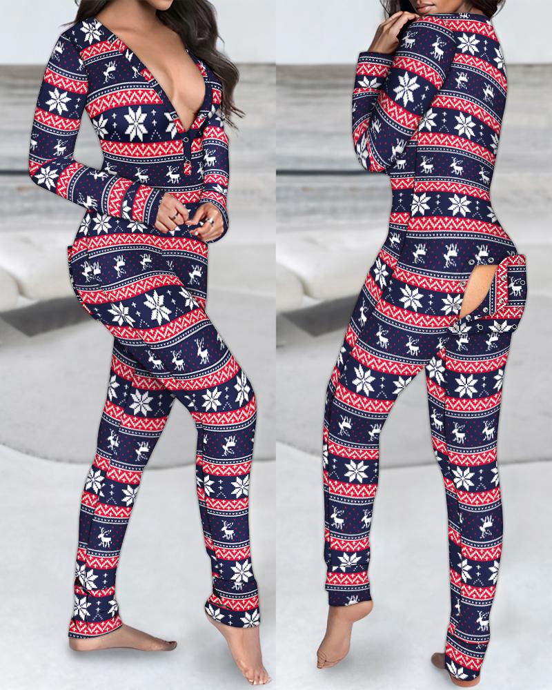 

Christmas Print V-Neck Jumpsuit Functional Buttoned Flap Adults Pajamas One Piece Overall, Multicolor