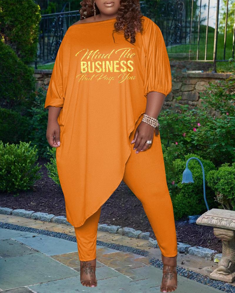 

Plus Size Letter Print Asymmetrical Top & Pants Set, Yellow