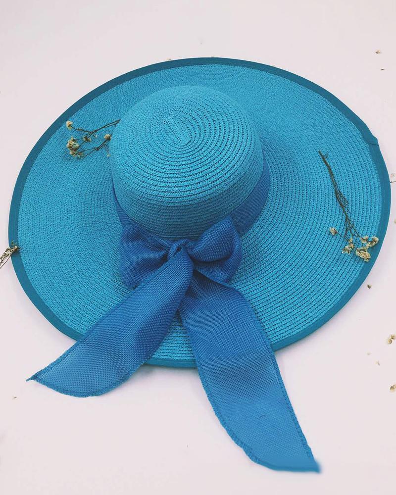

Bowknot Decor Wide Brim Straw Hat, Sky blue