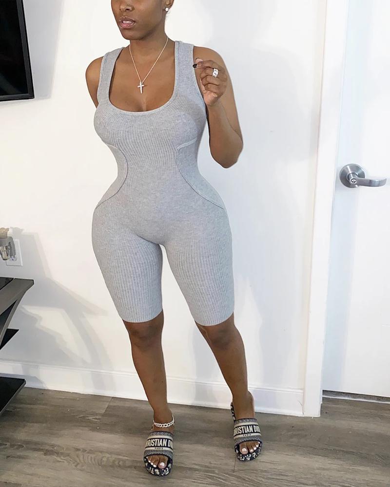 

Sleeveless U-Neck Ribbed Active Romper, Gray