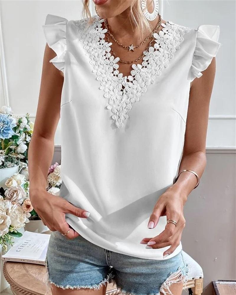 

Guipure Lace Patch Ruffle Hem Top, White