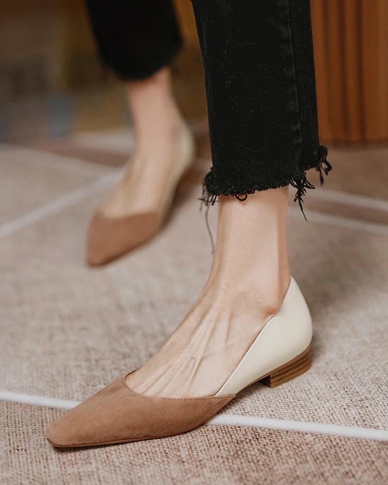 

Pointed-toe Color Block Suede Leather Shallow Mouth Loafers, Khaki