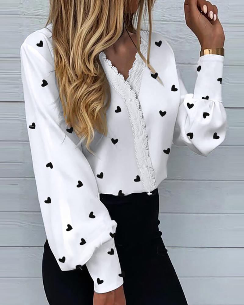 

Heart Print Lantern Sleeve Contrast Lace Buttoned Shirt, White