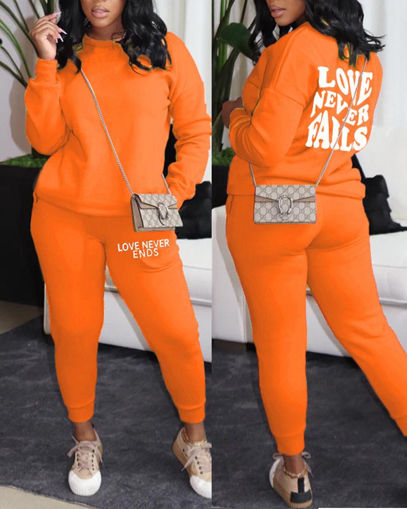 

Letter Print Long Sleeve Casual Top & Pants Set, Orange