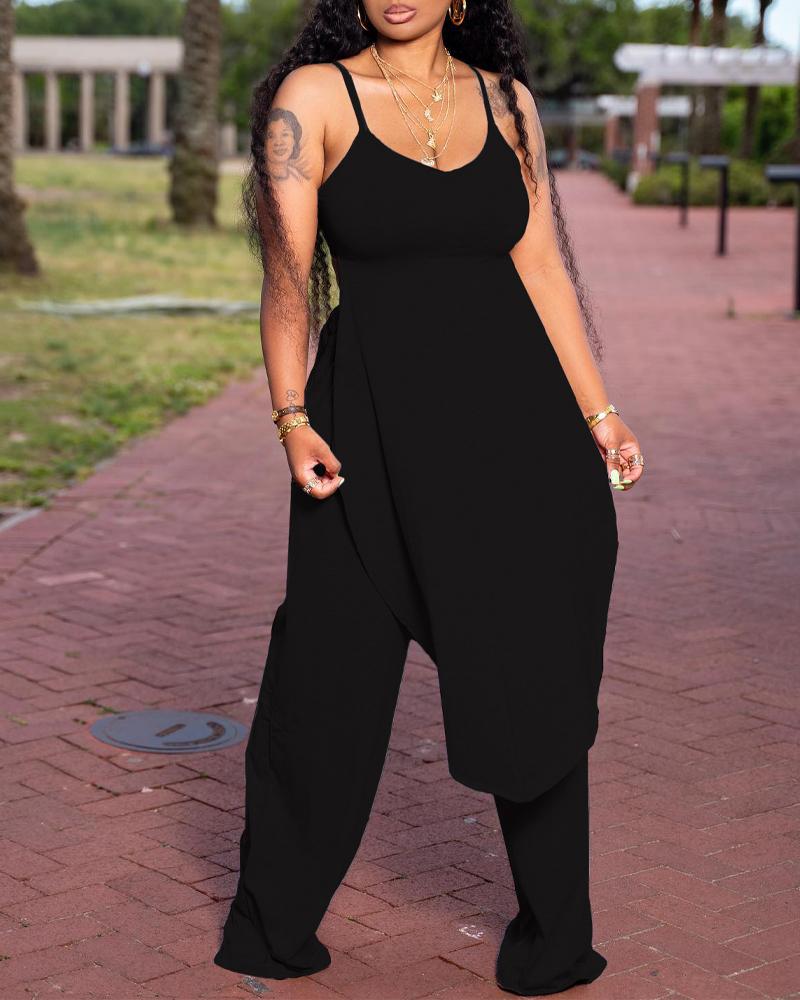 

Asymmetrical Hem Cami Top & Wide Leg Pants Set, Black