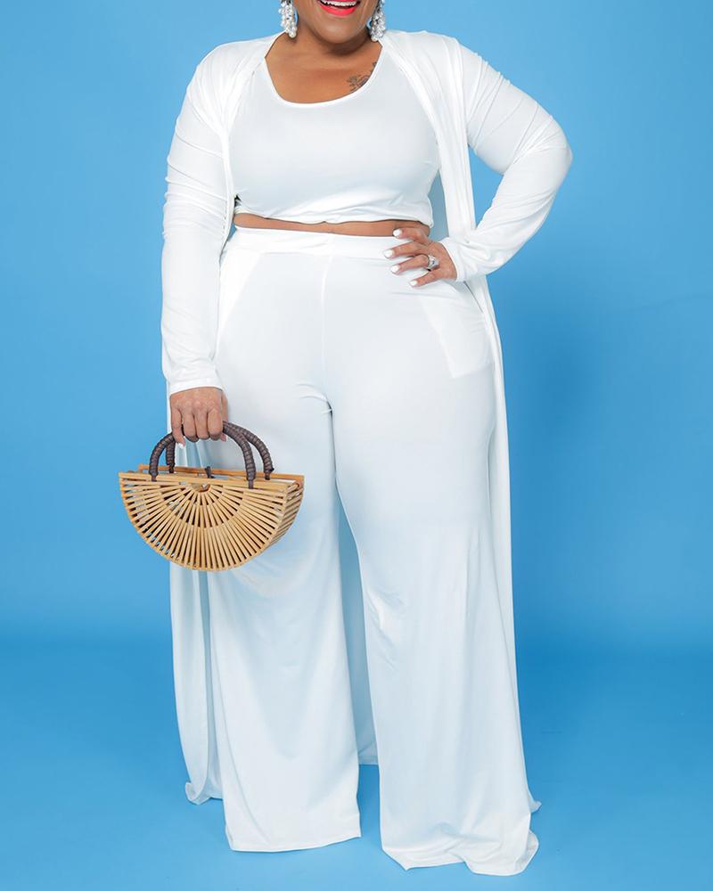 

Plus Size Tank Top & Pocket Design Pants Set With Longline Cardigan, White