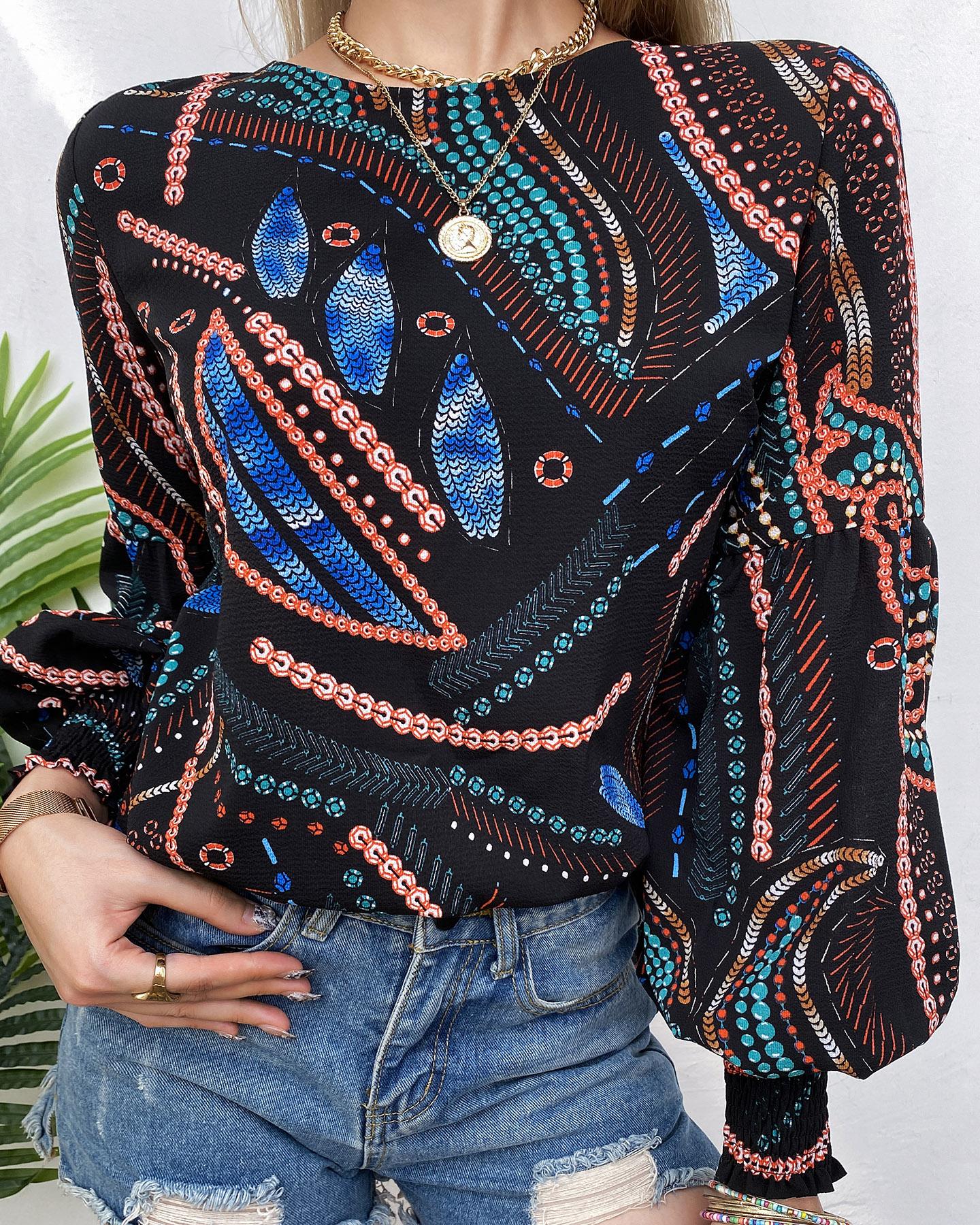 

All Over Print Lantern Sleeve Top, Black