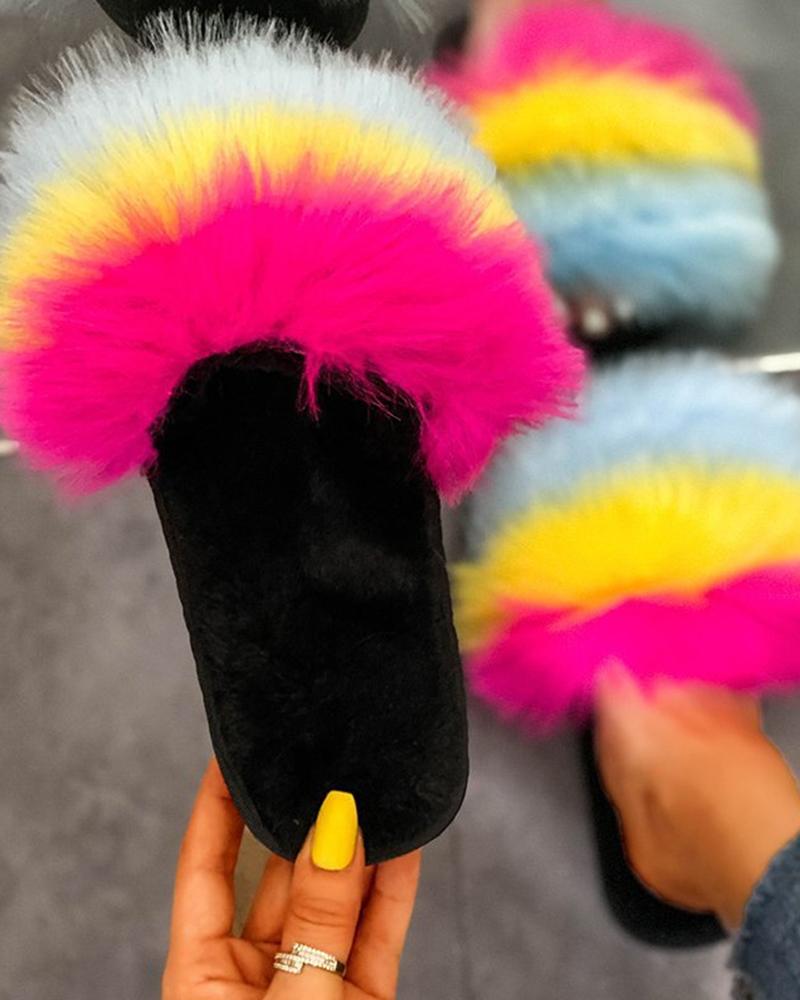 

Multicolor Fur Upper Flat Sndals, Sky blue