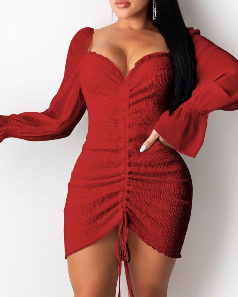 

Shirring Ruched Frill Hem Long Sleeve Dress, Red