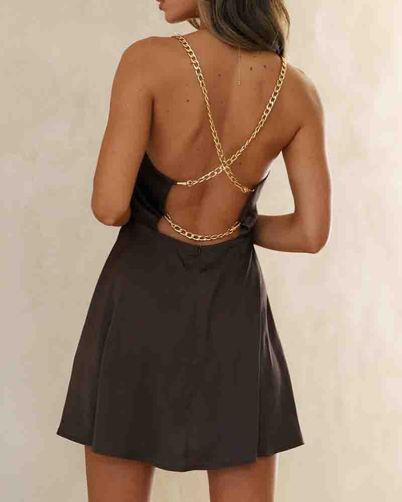 

Solid Color Splicing Chain Strap Backless Mini Dress, Coffee