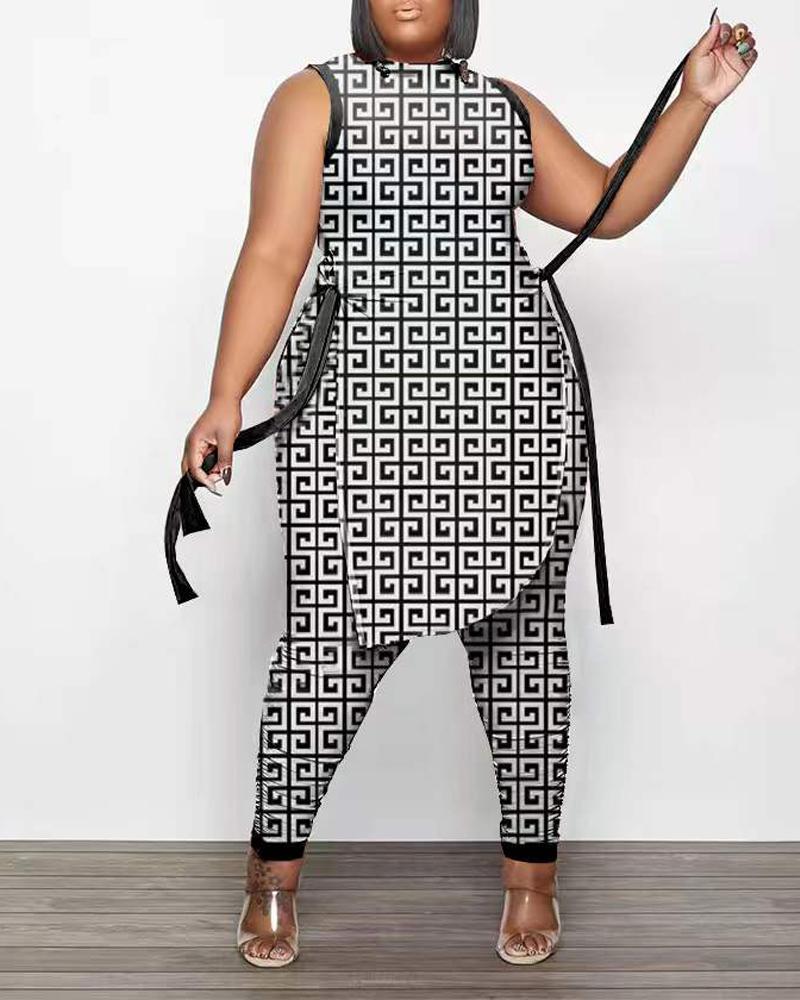 

Plus Size Geo Print Split Hem Tank Top & Pants Set, Style1