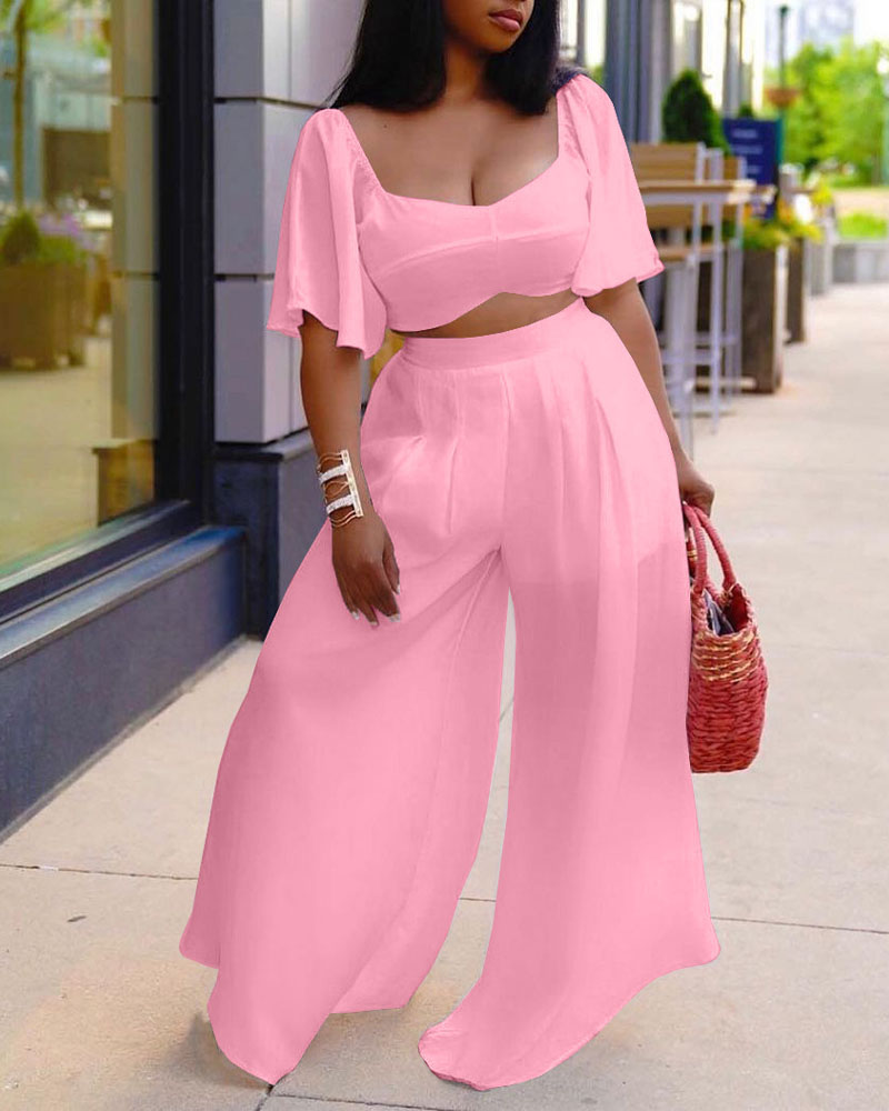 

Bell Sleeve Tie Back Crop Top & Wide Leg Pants Set, Pink