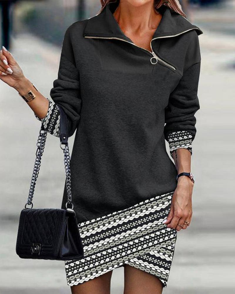 

Geometric Print Zipper Detail Long Sleeve Dress, Black