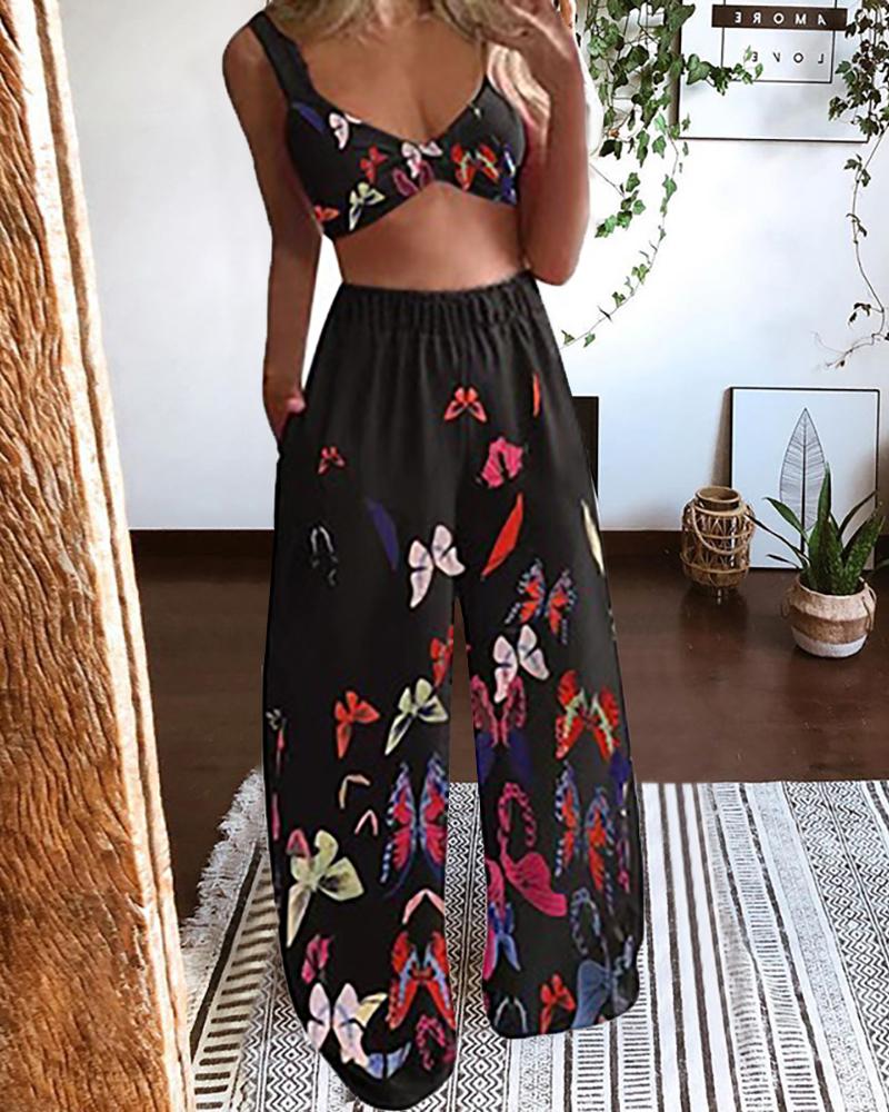 

Butterfly Print Sleeveless Crop Top & Wide Leg Pants Set, Black