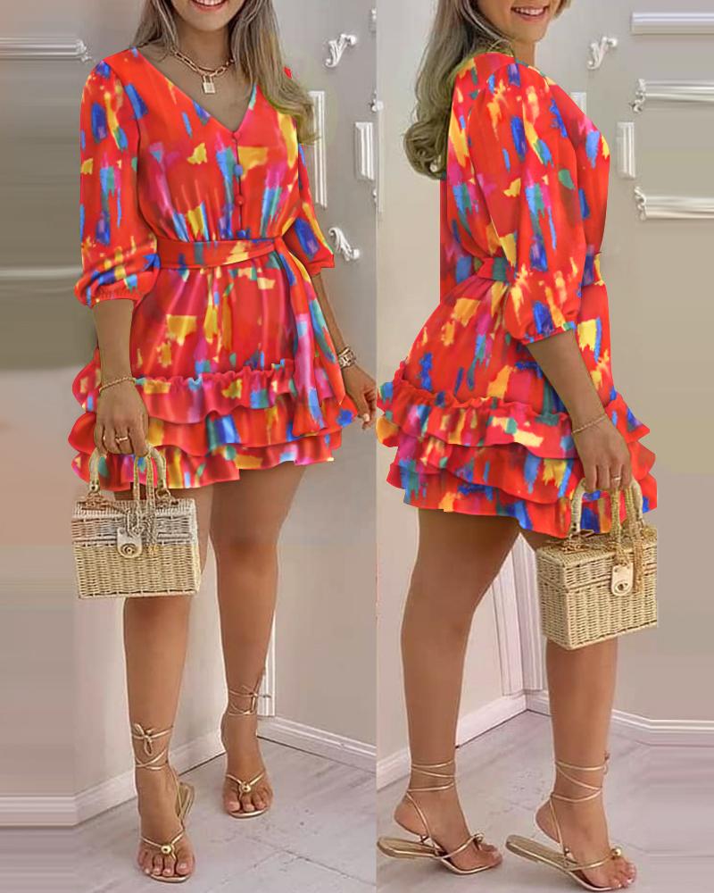 

All Over Print V-Neck Layered Ruffles Frill Hem A-Line Dress, Multicolor