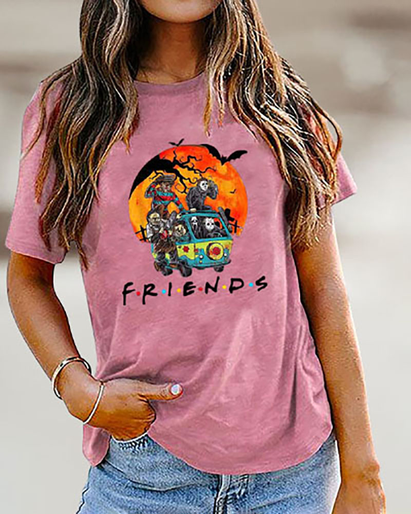 

Halloween Graphic Letter Print Short Sleeve Top, Pink