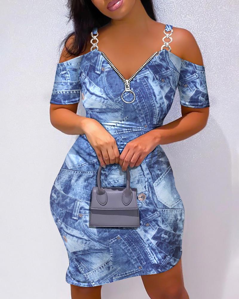 

All Over Print Chain Zipper Design Bodycon Dress, Blue